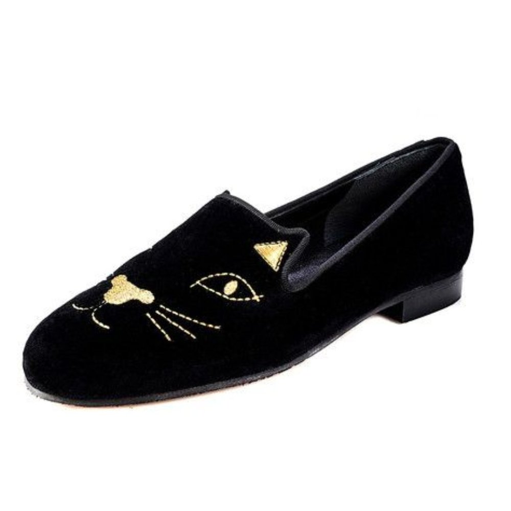 JON JOSEF Gatsby Black Velvet Gold Cat Flats 7.5